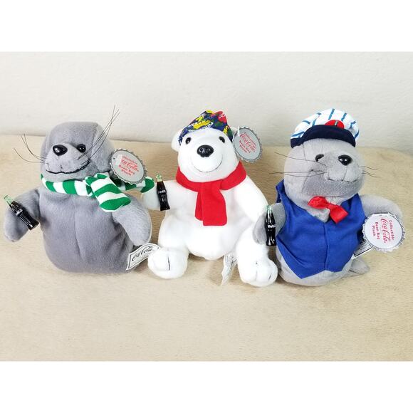 Coca Cola Polar Bear Seal Bean Bag Plush 1997 1998 Christmas 8" New Vintage x3 - Picture 2 of 16